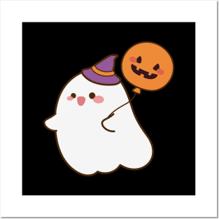 Cute ghost with pumpkin balloon Posters and Art